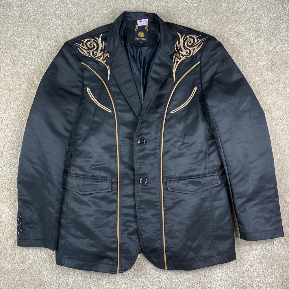 Platini Black Gold Embroidered Western Tribal Blazer Jacket Mens XL